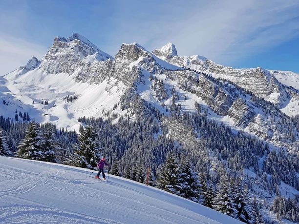 Skifahrerin fährt auf der Skipiste, verschneite Berge im Hintergrund
