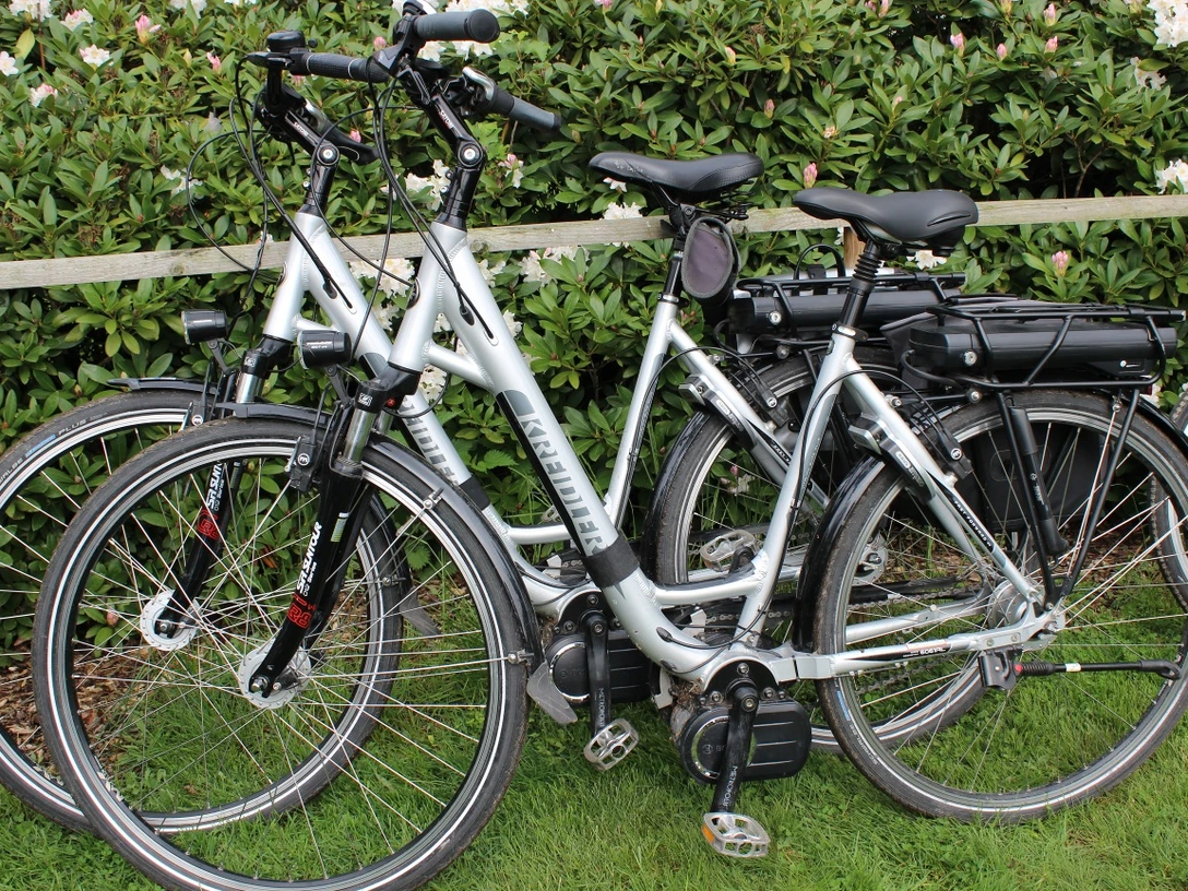 Ladestation Zwei silberne Elektrofahrräder stehen nebeneinander auf grünem Rasen, umzäunt von blühenden Hecken.