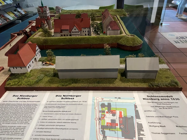 This model of Nienburg Castle faithfully depicts its historic architecture and location on the waterfront.