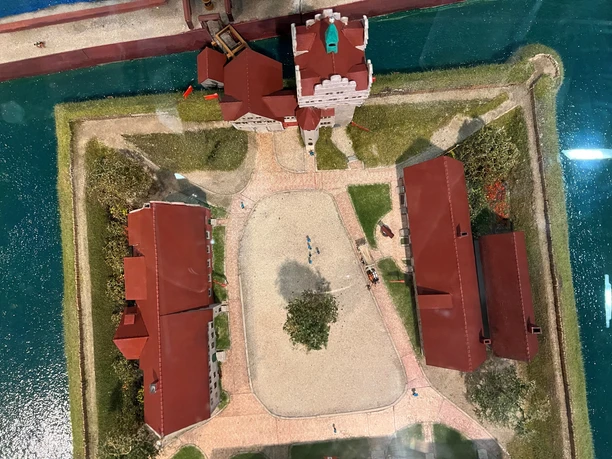 Miniaturmodell eines Schlosses mit roten Dächern, umgeben von Wassergraben und Spazierwegen.