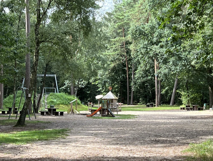 Ein weitläufiger Waldspielplatz mit Klettergerüst, Rutsche und Schaukeln, umgeben von hohen Bäumen.