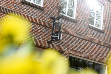 Burgteather im Institut für Theaterpädagogik der HS Osnabrück Backsteinfassade des Burgtheaters in Lingen mit Kunstschild und Sonnenlicht zwischen gelben Blumen