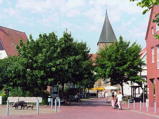 Historische Aufnahme: Brunnen mit Schweinen