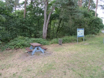 Picknickplatz im Grünen nahe Mardorf, umgeben von Bäumen, mit Tisch-Bank-Kombination und Infotafel.