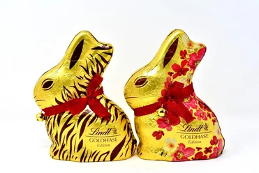 Goldene Schokoladenhasen von Lindt, beide mit roten Schleifen um den Hals, einer mit Zebramuster, der andere mit Blumenverzierung.