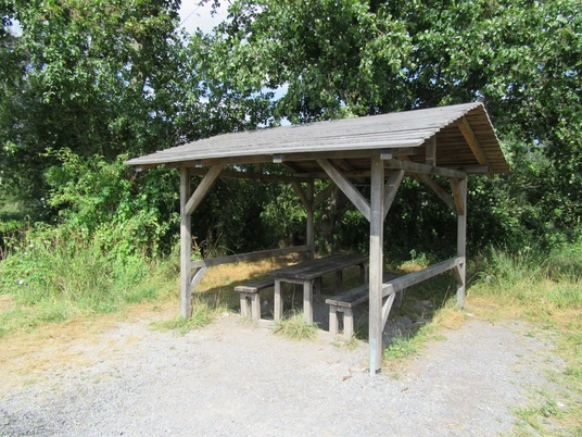 Ein überdachter Picknickplatz mit Holztischen und Bänken, umgeben von üppigem Grün in einer Waldlichtung.