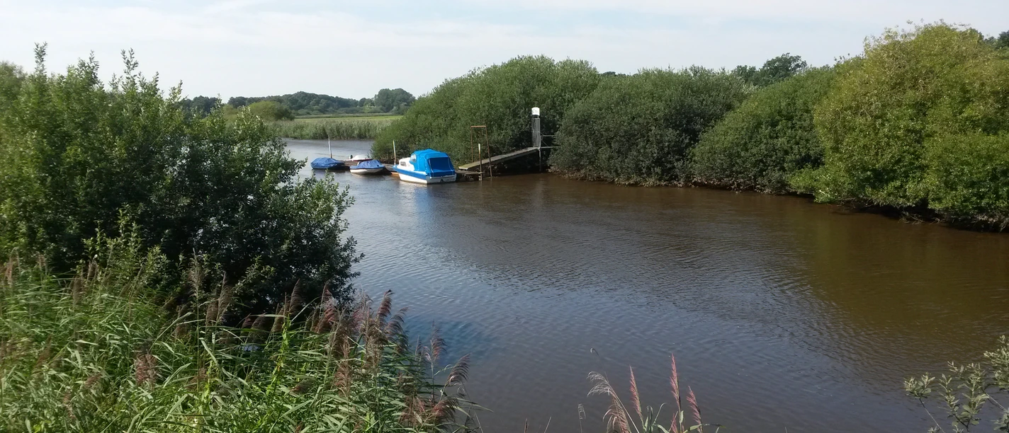 Anleger am Nordloher Tief Das Bild zeigt den Anleger am Nordloher Tief, umrahmt von dichtem Grün, mit einem kleinen Boot vor Anker.