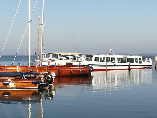 Passenger ships are anchored on the Steinhuder Meer, under a cloudless blue sky.