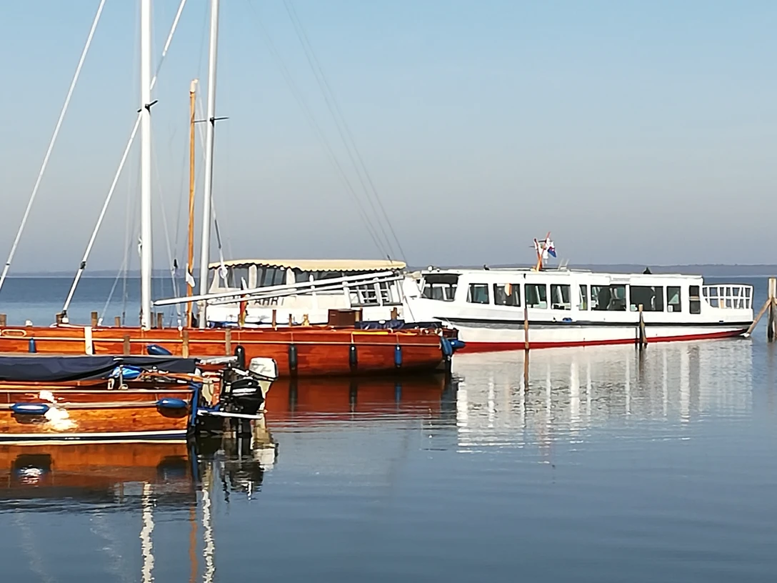 Anleger Steinhude mit Fahrgastschiffen Fahrgastschiffe liegen am Steinhuder Meer vor Anker, unter einem wolkenlosen, blauen Himmel.Passenger ships are anchored on the Steinhuder Meer, under a cloudless blue sky.Passagerskibe ligger for anker på Steinhuder Meer under en skyfri blå himmel.Passagiersschepen liggen voor anker op het Steinhuder Meer, onder een wolkenloze blauwe hemel.