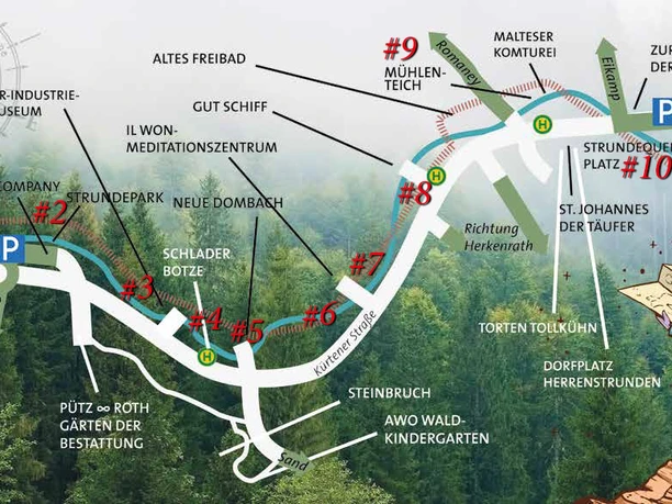 Standorte der Audiodateien Wegekarte zeigt Wanderroute durch Landschaft mit Nummern-Punkten, Sehenswürdigkeiten und Parkplätzen.