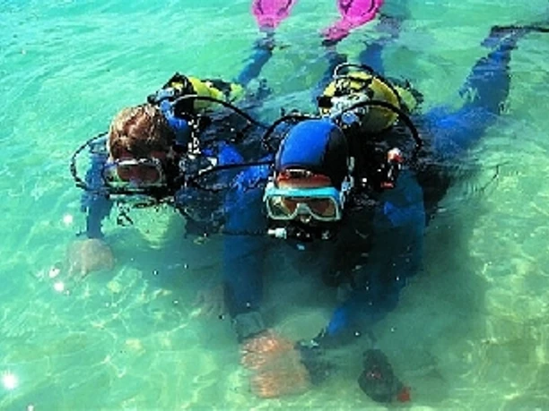 Tauchen im Dankernsee Zwei Taucher mit Ausrüstung üben im klaren, türkisfarbenen Wasser des Dankernsees das Abtauchen.