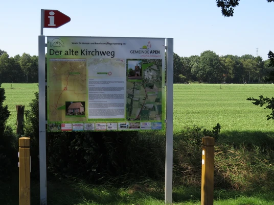 Infotafel Alter Kirchweg Die Infotafel "Alter Kirchweg" steht vor einer grünen Wiese und beschreibt die Umgebung und Historie des Wanderweges. Im Hintergrund ist eine Baumreihe sichtbar, die die natürliche Landschaft prägt.