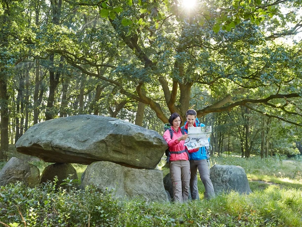 Großsteingrab Deymanns Mühle Zwei Wandernde betrachten eine Karte neben dem Großsteingrab Deymanns Mühle im Wald.