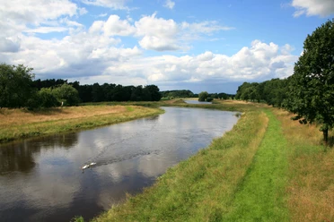 Breiter Flusslauf zwischen grünen Wiesen und Bäumen, über dem sich helle Wolken am Himmel spiegeln.