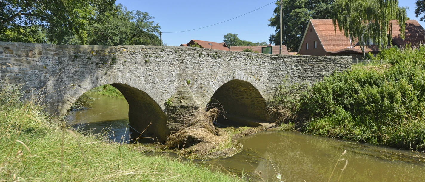 Römerbrücke bei Hunteburg Historische Römerbrücke über die Hunte, umgeben von Wiesen und naturnaher Flusslandschaft.