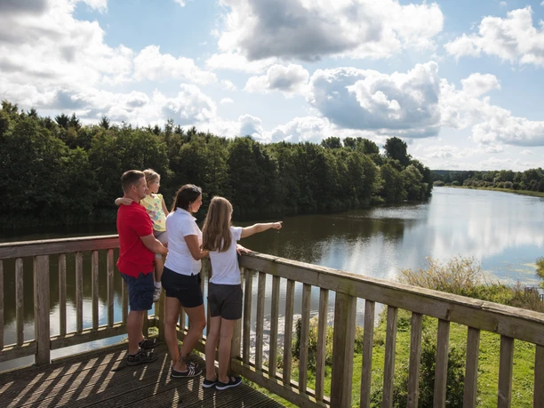 Natura 2000-Gebiet Emsauen - Aussichtspunkt "Gelber Fluss" Familie blickt vom Holzsteg auf den ruhigen Flusslauf mit spiegelndem Wasser und grüner Uferlandschaft.