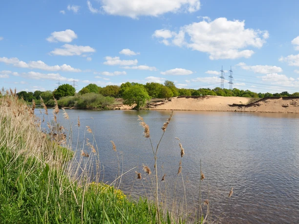 Meppener Kuhweide Flusslandschaft bei Meppen mit Sanddünen, Ufergras und blauem Himmel mit weißen Wolken