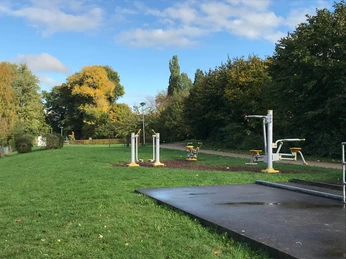 Outdoor-Fitnessgeräte im Grünen, umgeben von Bäumen und buntem Herbstlaub unter blauem Himmel.