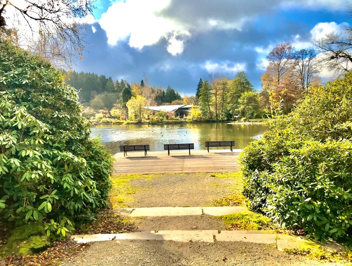 Blick auf den Kurparkteich und Bühne