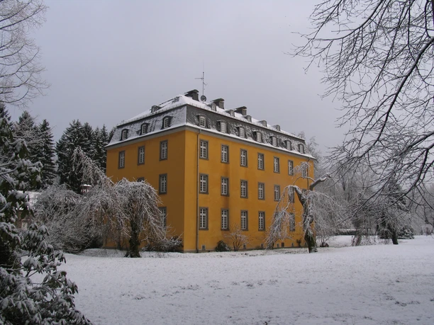 Schloss Heiligenhoven im Schnee Ein schneebedecktes, gelbes Herrenhaus mit dunklem Walddach im Hintergrund, umgeben von winterlichen Bäumen.