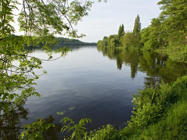 Baldeneysee Ein ruhiger See, umgeben von üppigem Grün und Bäumen, spiegelt den klaren Himmel wider.