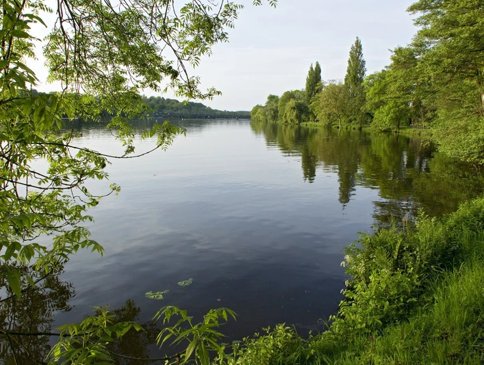 Baldeneysee Ein ruhiger See, umgeben von üppigem Grün und Bäumen, spiegelt den klaren Himmel wider.