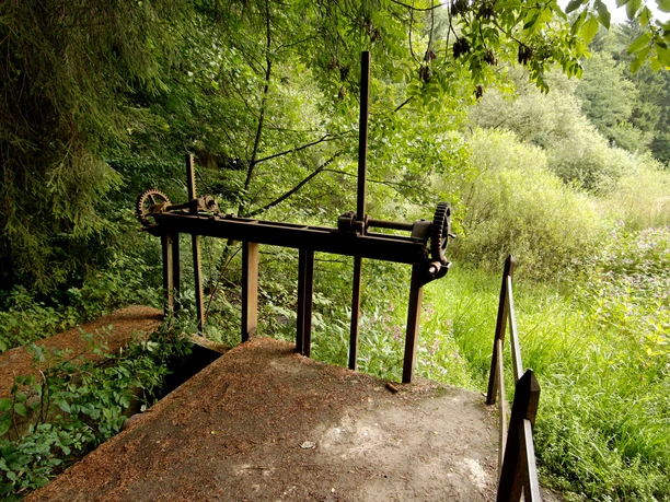 Burscheider Wehr Altes Schleusentor im Wald, umgeben von üppigem Grün und dichtem Baumbewuchs, bei natürlichem Licht.