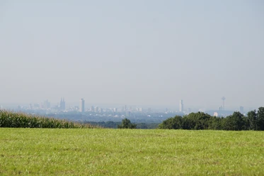 Domblick Uppersberg Blick über ein grünes Feld auf die skyline von Köln, im Hintergrund Fernsehturm und Dom erkennbar.