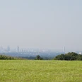 Domblick Uppersberg Blick über ein grünes Feld auf die skyline von Köln, im Hintergrund Fernsehturm und Dom erkennbar.