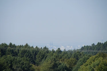 Domblick Voislöhe Blick auf Köln im Dunst, mit dem Kölner Dom in der Ferne, umgeben von bewaldeter Landschaft.