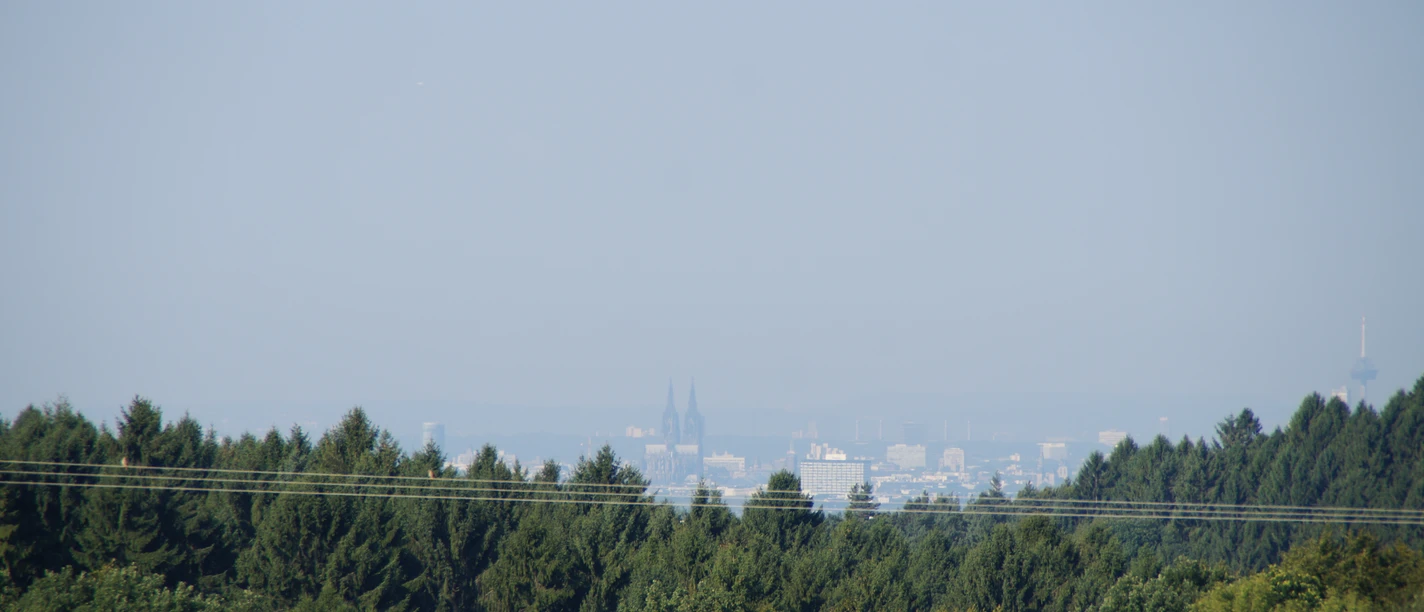 Domblick Voislöhe Blick auf Köln im Dunst, mit dem Kölner Dom in der Ferne, umgeben von bewaldeter Landschaft.