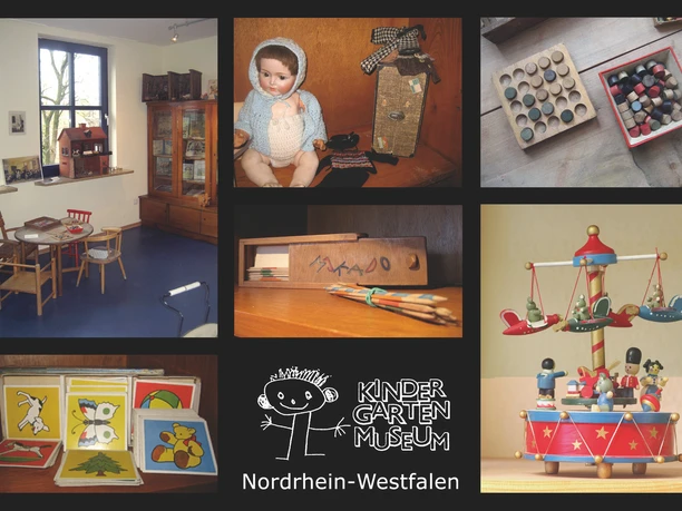 Kindergartenmuseum "Schätzchen" Kollage aus Retro-Spielzeug in einem Kinderkulturmuseum in Nordrhein-Westfalen, inklusive Puppen und Karussell.