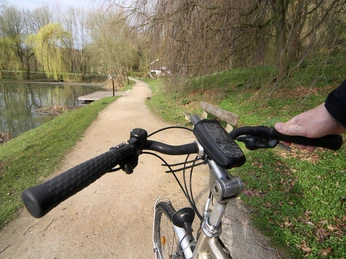 Strundeweg Nahaufnahme eines Fahrrads auf einem idyllischen Parkweg, flankiert von Bäumen und einem See.