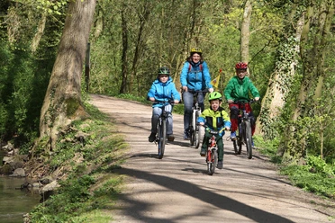 Strundeweg Eine Familie mit zwei Erwachsenen und drei Kindern fährt lachend auf Fahrrädern einen Waldweg entlang.