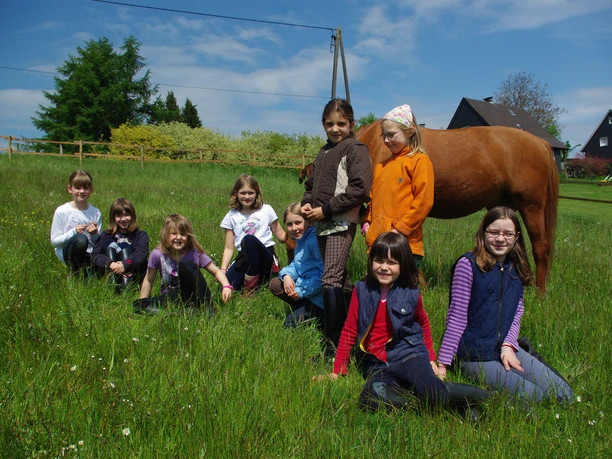 Mediendatei Eine Gruppe fröhlicher Kinder sitzt lächelnd auf einer grünen Wiese neben einem braunen Pony.