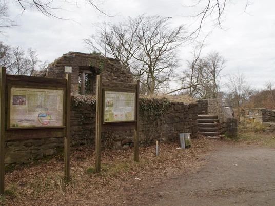 Reste der Isenburg in Essen Ruinen einer alten Steinburg mit Informationstafeln, kahlen Bäumen und bewölktem Himmel.