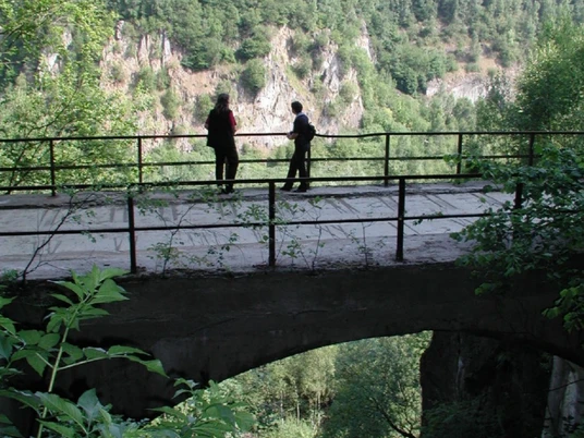 Bochumer Bruch Personen stehen auf einer steinernen Brücke und blicken auf bewaldete Felsen im Hintergrund.