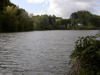 Mediendatei See mit ruhigem Wasser, umgeben von dicht bewaldeten Ufern und einem kleinen Haus am Hang.