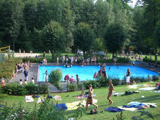 Waldfreibad Menschen genießen ein sommerliches Freibad, umgeben von Bäumen und Wiese, voller Entspannung.