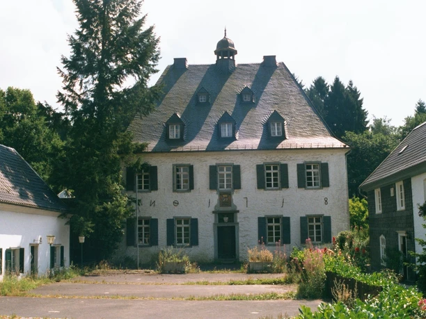 Mediendatei Ein historisches Herrenhaus mit grauer Fassade und dunklem Dach, umgeben von Bäumen und Pflanzen.