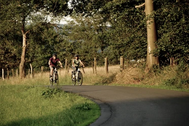 Schwalbe Fahrradpark Zwei Radfahrer radeln auf einem schmalen, kurvigen Weg, gesäumt von Bäumen und Wiesen.