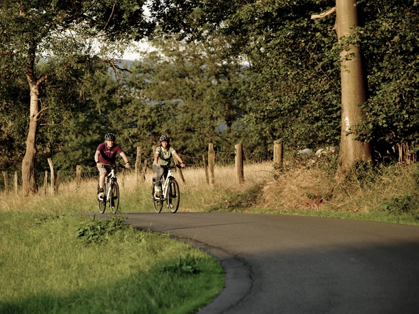 Schwalbe Fahrradpark Zwei Radfahrer radeln auf einem schmalen, kurvigen Weg, gesäumt von Bäumen und Wiesen.