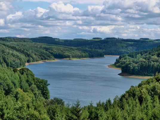 Wiehltalsperre Blick auf einen weitläufigen, von Wäldern umgebenen See unter wolkigem Himmel in hügeliger Landschaft.