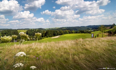 Golfplatz Grüne Hügel mit Golfplatz unter blauem Himmel und Wolken, umrahmt von wildem, blühendem Gras.
