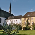 Pfarrkirche und ehem. Kloster, Rückansicht Kirche mit spitzem Turm und angeschlossenen Gebäuden, umgeben von grüner Wiese und Bäumen.
