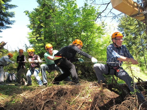 Teamwork during the construction of a rope bridge on Diemtigbergli