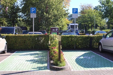 e-ladestation-hotel-am-badepark1.jpg Auf dem Bild sind zwei Parkplätze mit grünen Bodenmarkierungen und einem Schild für E-Ladestationen zu sehen, umgeben von Hecken und Bäumen.
