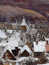 Bild einer Winterlandschaft mit Holzkirche.