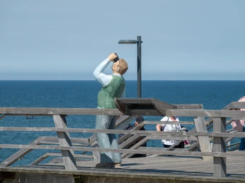 Mann mit Fernglas auf der Haupttreppe
