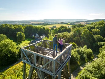 Detmold-2023-053-LWL Freilichtmuseum-Teutoburger-Wald-Tourismus-D-Ketz.jpg Ein Holz-Aussichtsturm mit zwei Personen, die in eine grüne, hügelige Landschaft blicken.